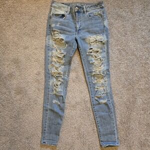 American Eagle Outfitters Hi-Rise Blue Jegging Womens 4 Distressed Denim